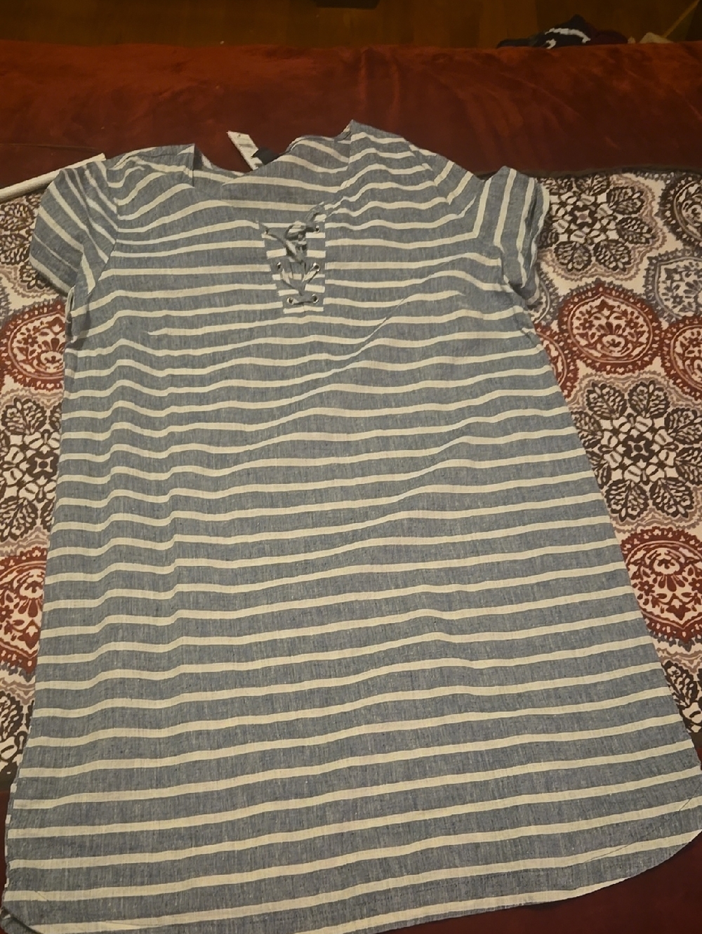 GAP Factory Blue and White Striped Midi Dress with Lace-Up Neck